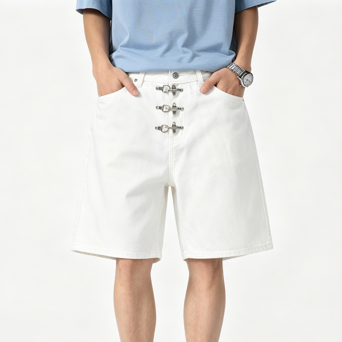 Metal Buckle Short Baggy Jeans - Street Fashion Baggy 리뷰 및 가격