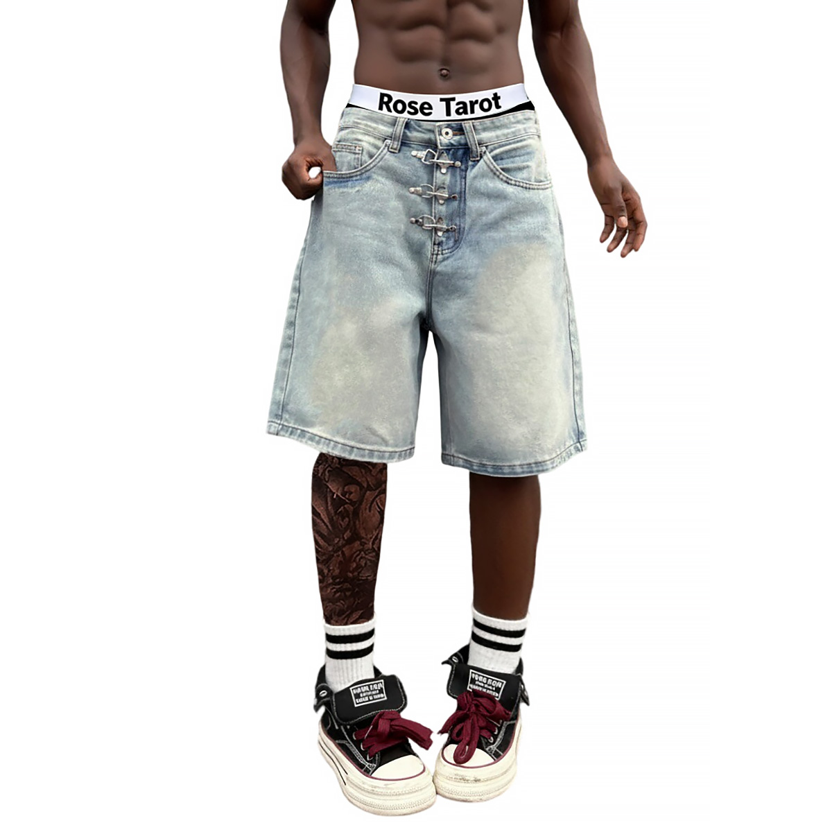 Metal Buckle Short Baggy Jeans - Street Fashion Baggy 리뷰 및 가격