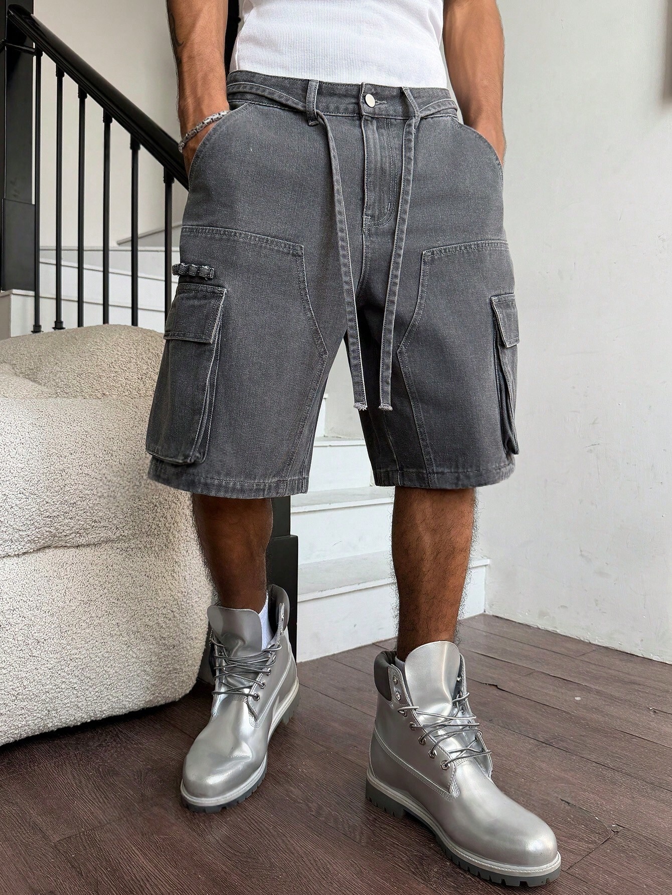Men Grey Washed Cargo Denim Sh - Street Fashion Baggy 리뷰 및 가격