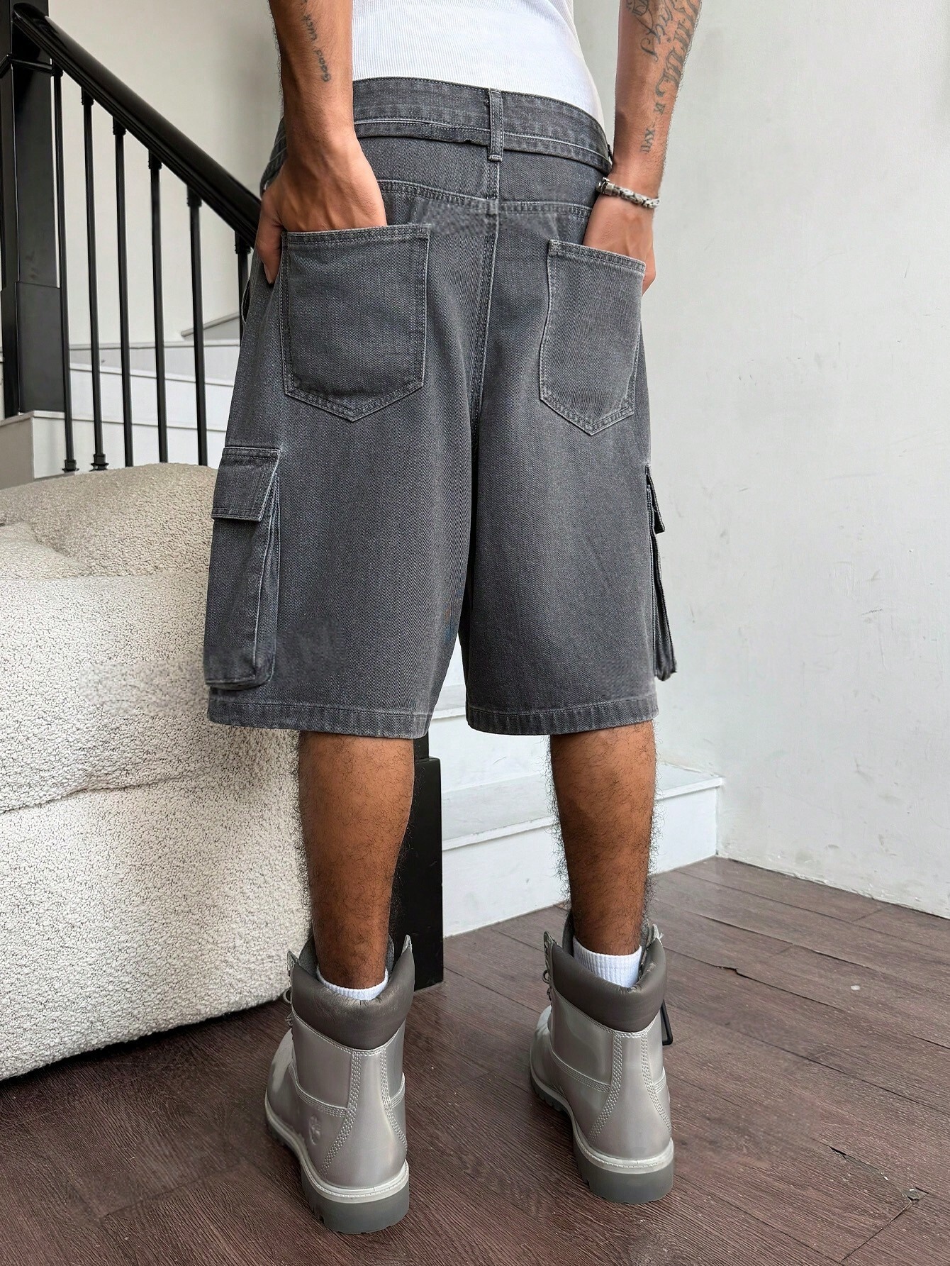 Men Grey Washed Cargo Denim Sh - Street Fashion Baggy 리뷰 및 가격