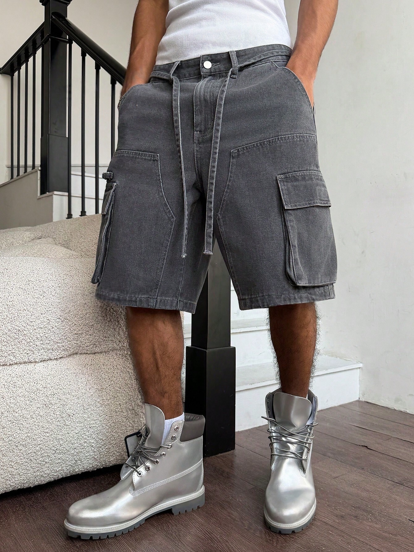 Men Grey Washed Cargo Denim Sh - Street Fashion Baggy 리뷰 및 가격