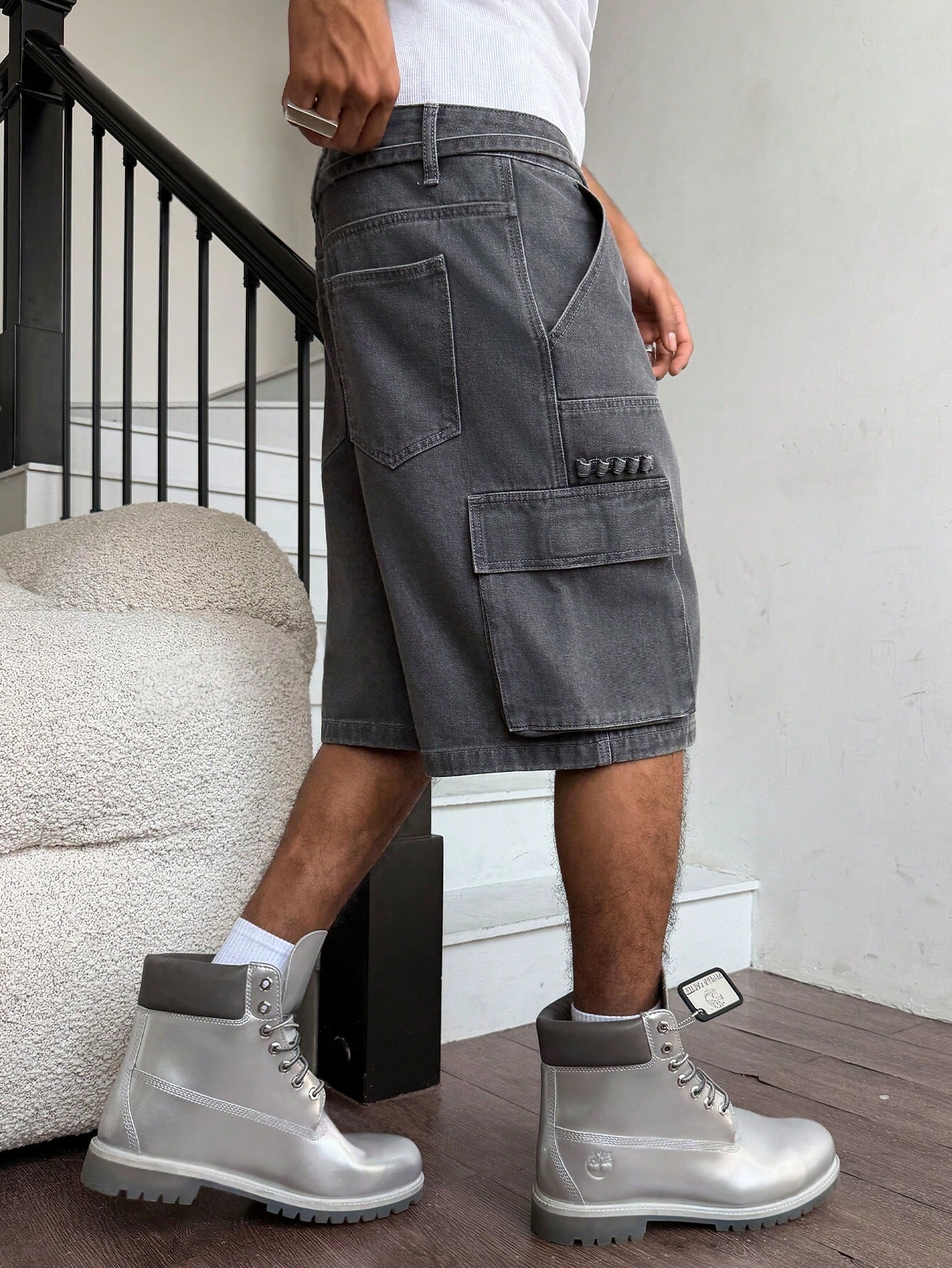 Men Grey Washed Cargo Denim Sh - Street Fashion Baggy 리뷰 및 가격