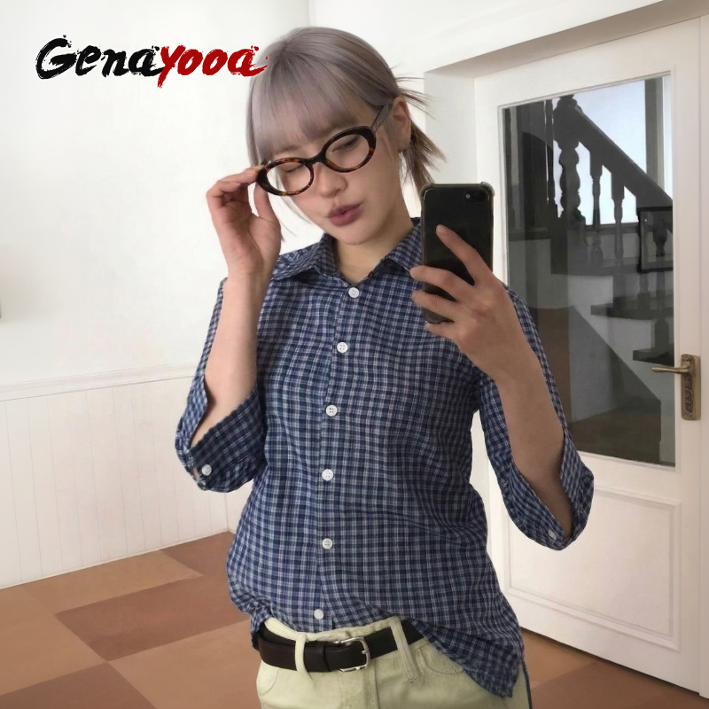 Genayooa Y2k Plaid Shirt Women - Street Fashion Japan 리뷰 및 가격