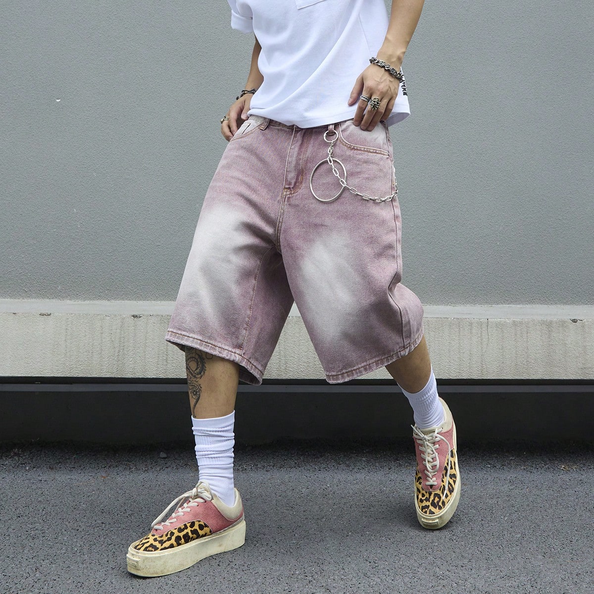Men's Pink Gradient Denim Shor - Street Fashion Baggy 리뷰 및 가격