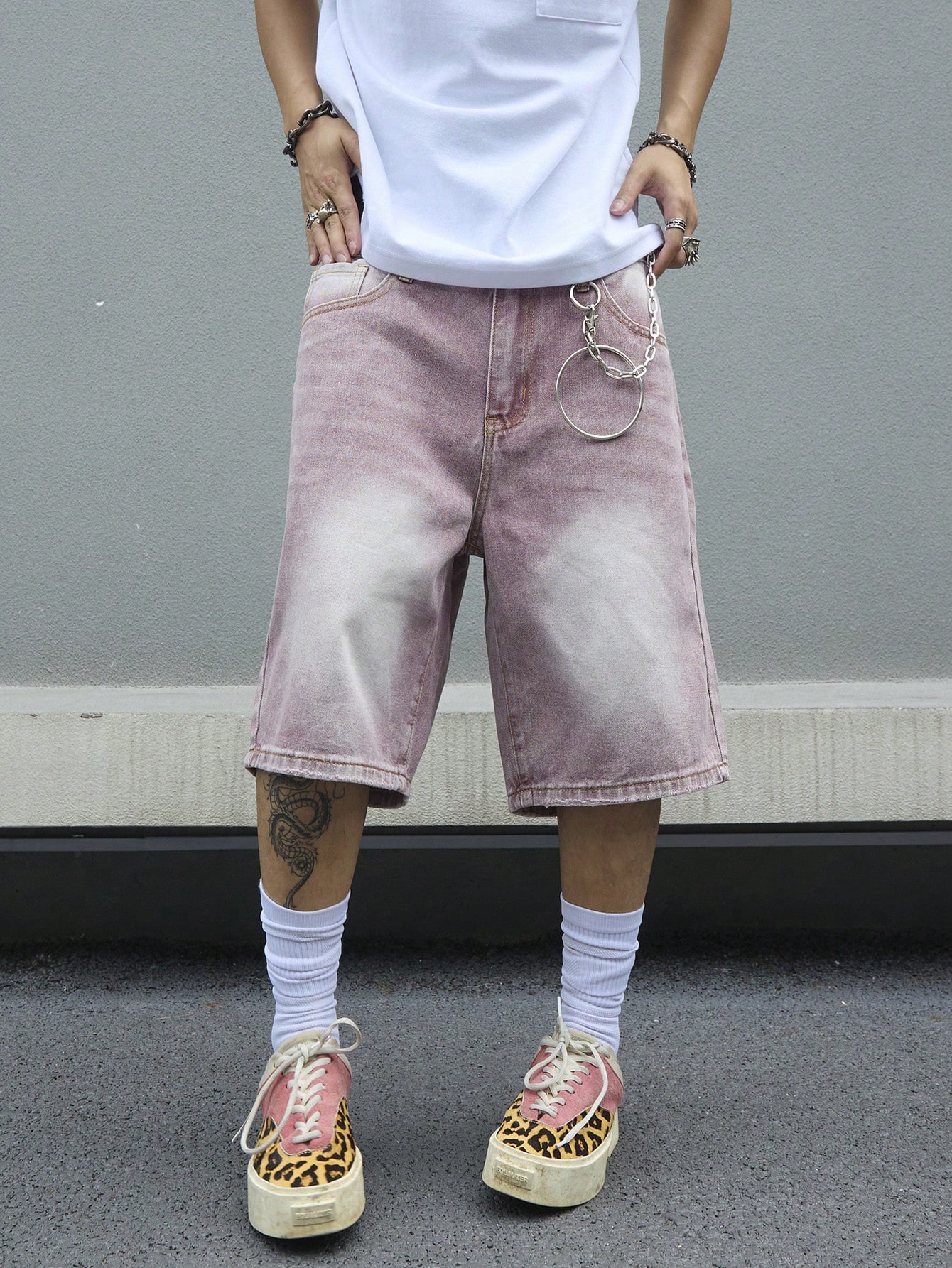 Men's Pink Gradient Denim Shor - Street Fashion Baggy 리뷰 및 가격
