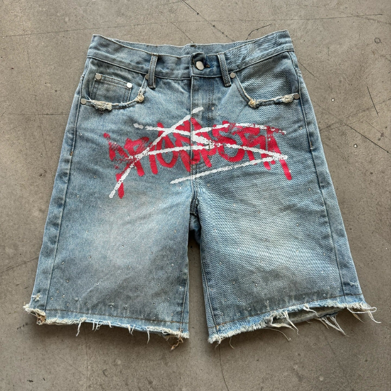 Y2K Graffiti Jorts Rhinestone  - Street Fashion Baggy 리뷰 및 가격