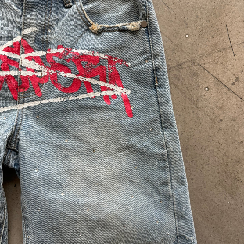 Y2K Graffiti Jorts Rhinestone  - Street Fashion Baggy 리뷰 및 가격